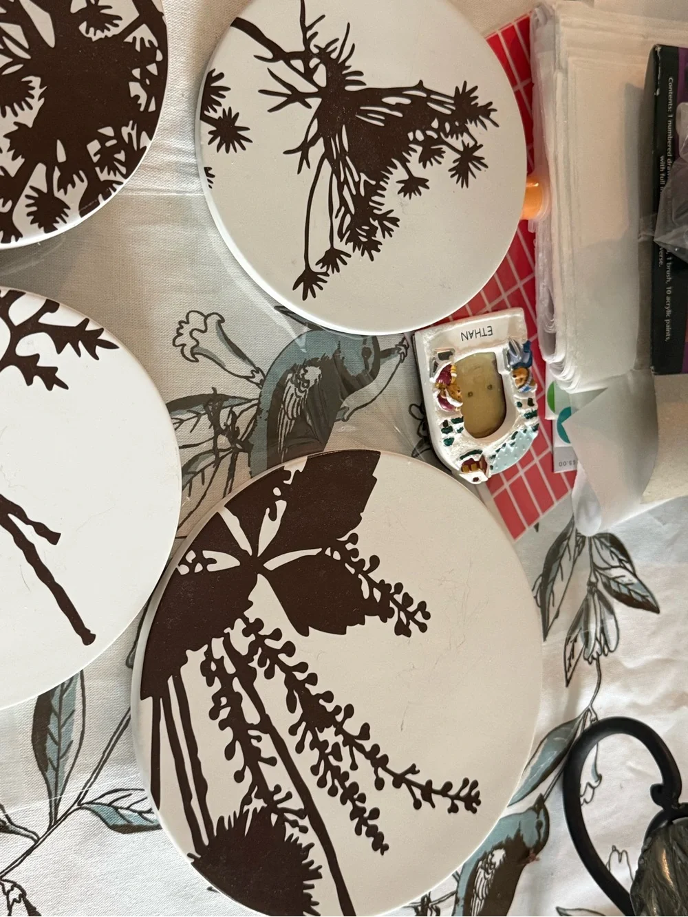 West End Round Botanical Wall Coasters White w/ Dark Brown Silhouettes -set of 5